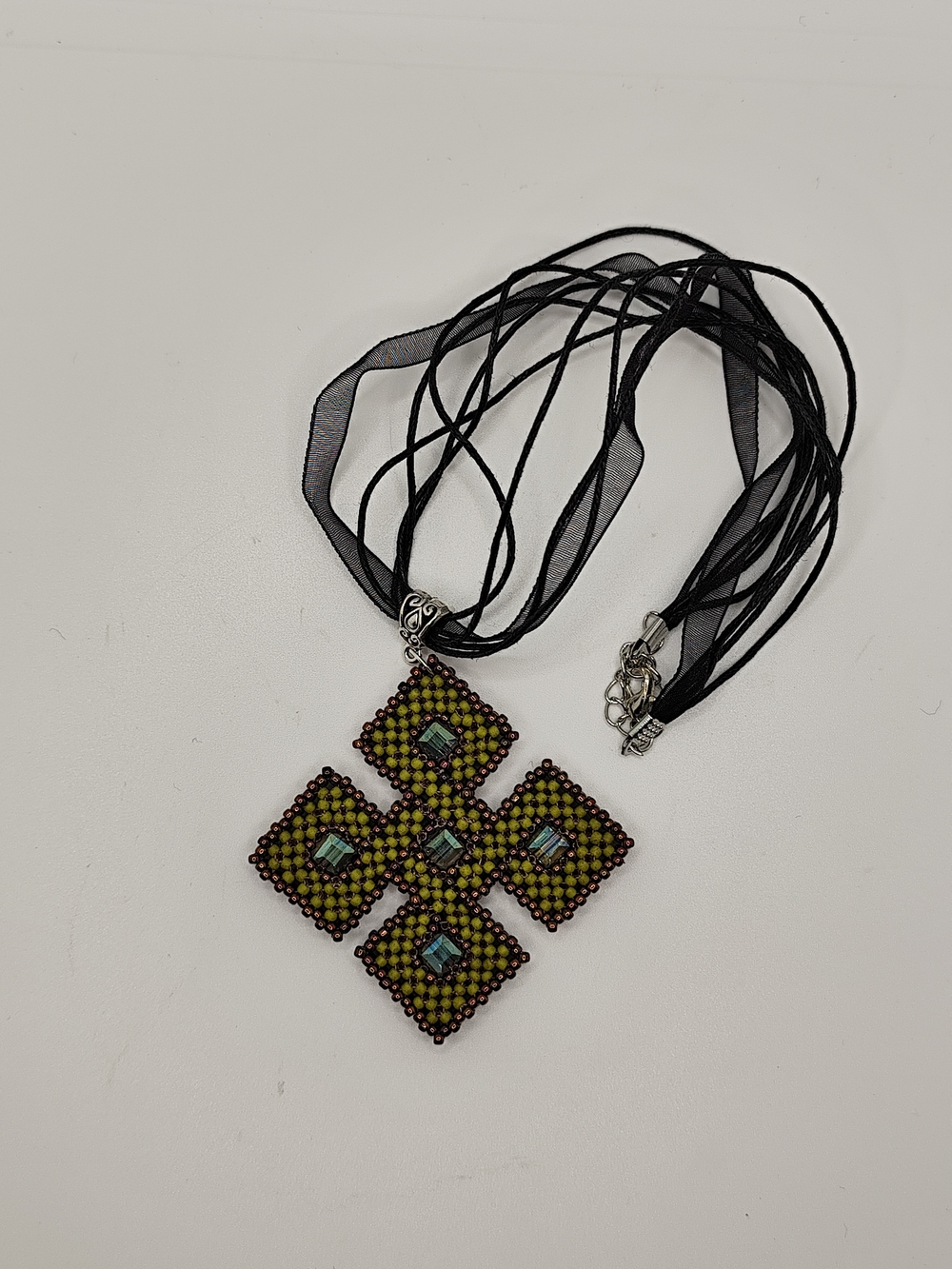 Handcrafted Green Bead Cross Pendant Necklace